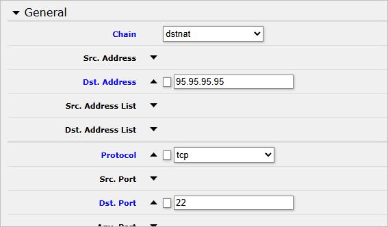 Пример настройки проброса SSH для Mikrotik (General) Пример настройки проброса SSH для Mikrotik (General)